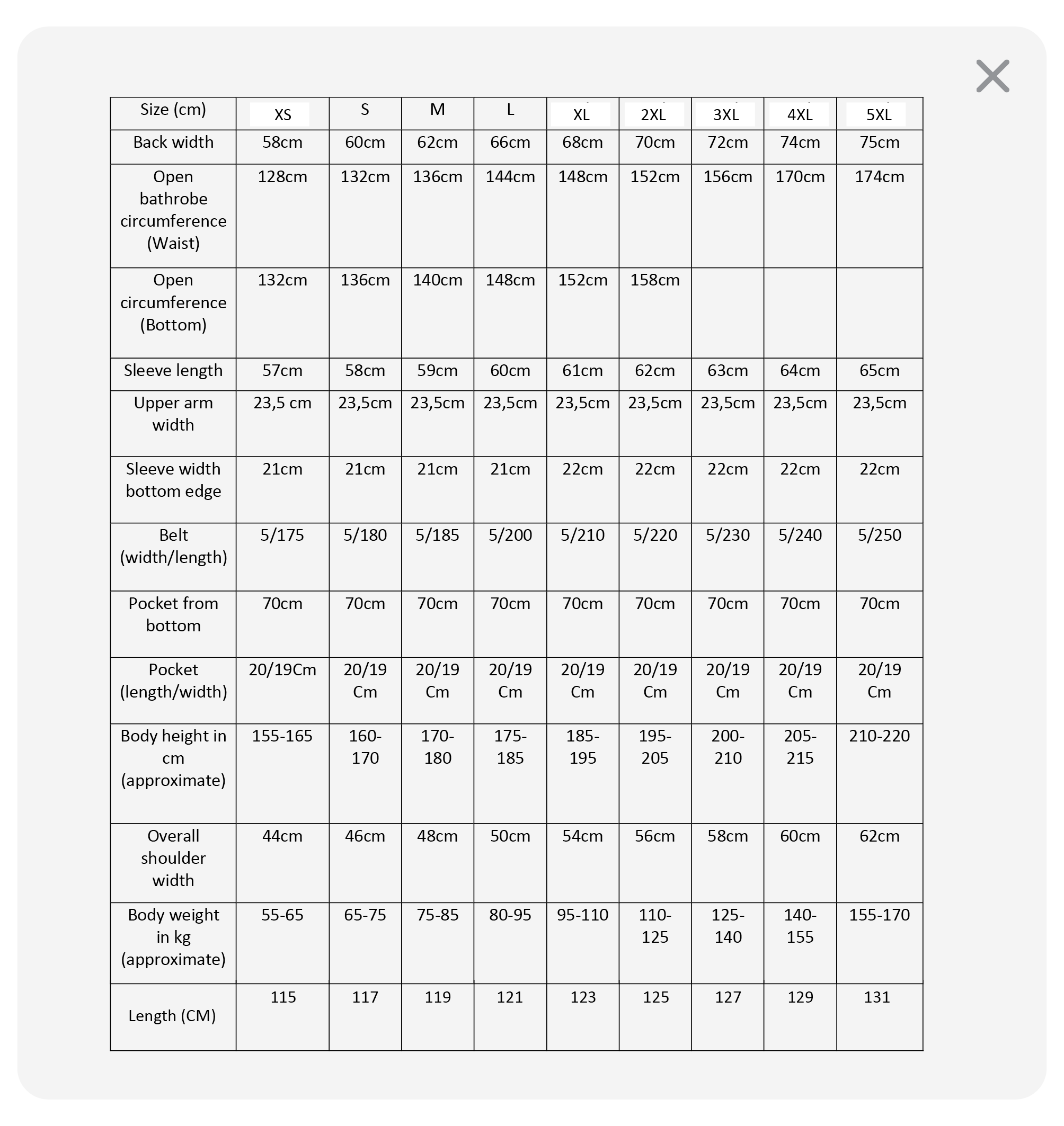 Unisex Bathrobe size guide